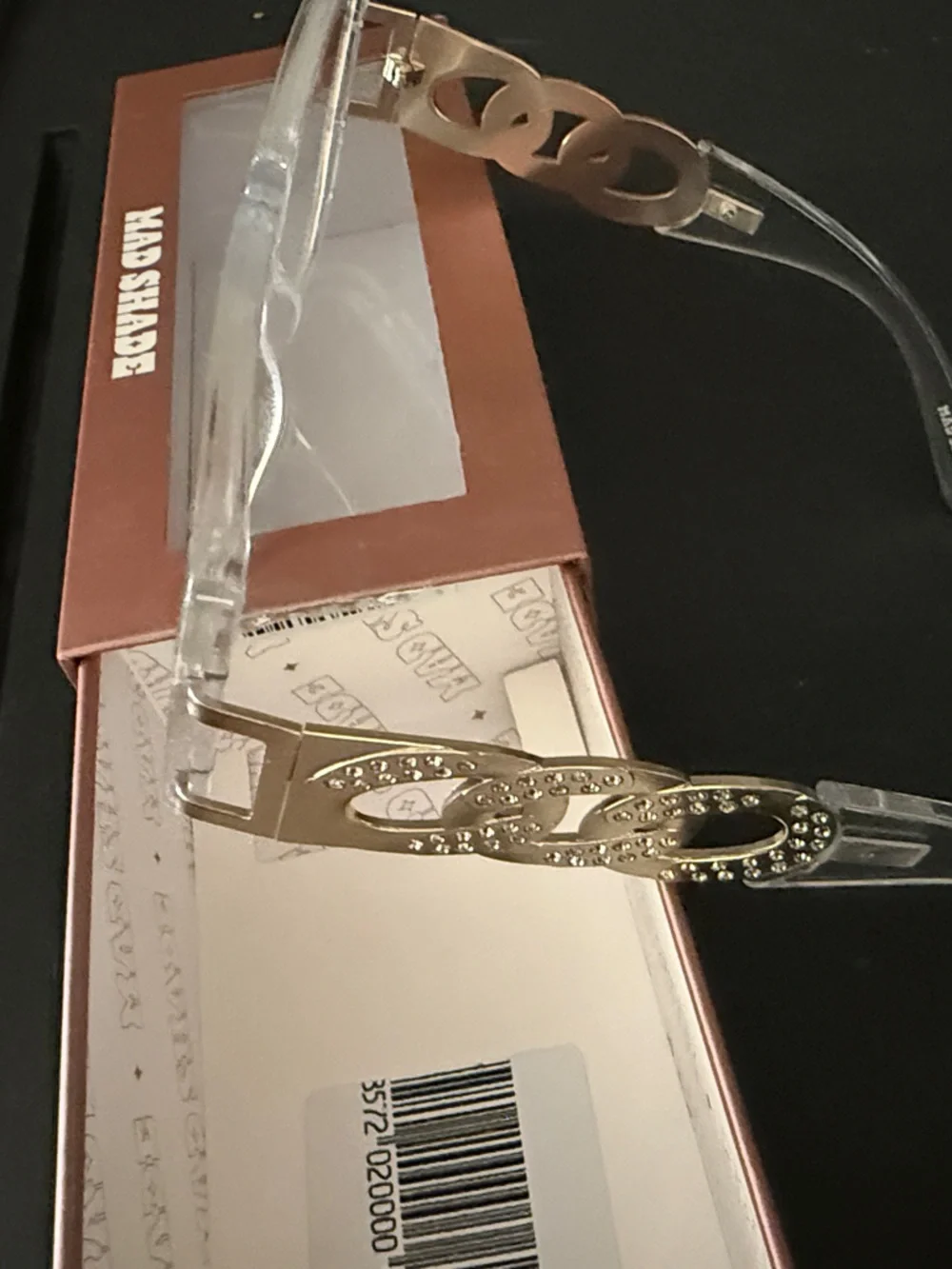 Mad Shade Clear Frame Sunglasses with Gold Chain Accent
